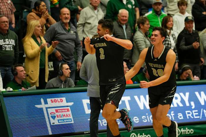 Nevada guard Jarod Lucas (2) celebrates hitting the 3-point buzzer beater to defeat Colorado State Rams 77-74 at Moby Arena in Fort Collins, Colorado.